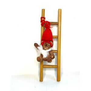 Ceramic Christmas Bear Red Hat Hanging on Ladder Traditional Holiday Decor